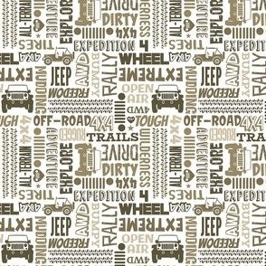 Small Scale 4x4 Adventures Word Cloud Off Road Jeep Vehicles Tan and Brown