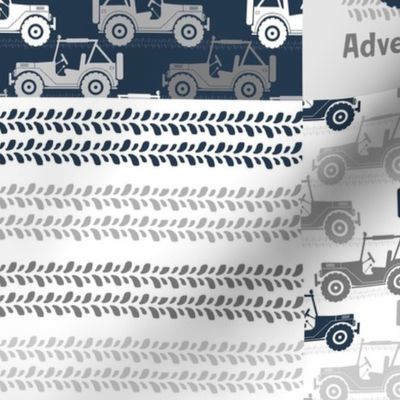 Bigger Scale Patchwork 6" Squares 4x4 Adventures Off Road Jeep Vehicles in Navy Grey White for Cheater Quilt or Blanket