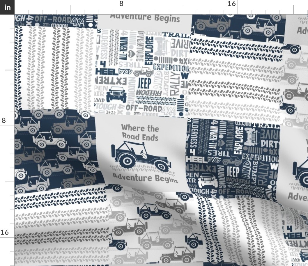 Bigger Scale Patchwork 6" Squares 4x4 Adventures Off Road Jeep Vehicles in Navy Grey White for Cheater Quilt or Blanket