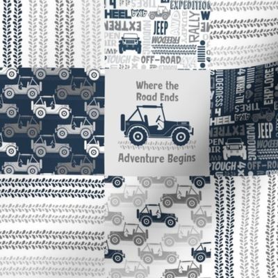 Smaller Scale Patchwork 3" Squares 4x4 Adventures Off Road Jeep Vehicles in Navy Grey White for Cheater Quilt or Blanket
