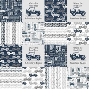 Smaller Scale Patchwork 3" Squares 4x4 Adventures Off Road Jeep Vehicles in Navy Grey White for Cheater Quilt or Blanket