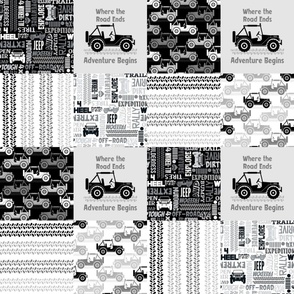 Bigger Patchwork  6" Squares 4x4 Adventures Off Road Jeep Vehicles in Black White Grey for Cheater Quilt or Blanket