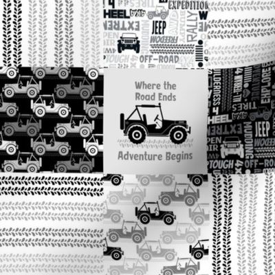 Smaller Patchwork  3" Squares 4x4 Adventures Off Road Jeep Vehicles in Black White Grey for Cheater Quilt or Blanket