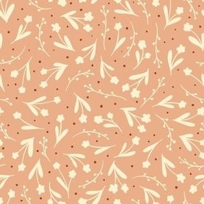 Cute cream white flowers on peach beige, ditsy floral, flower is 1 inch tall or less