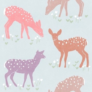 Hand-Drawn Fawn Print with a Bohemian Feel and  Delicate Floral Detail in Dusty Blue_Large