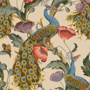 PEACOCK AND POPPIES IN VINTAGE ORIGINAL