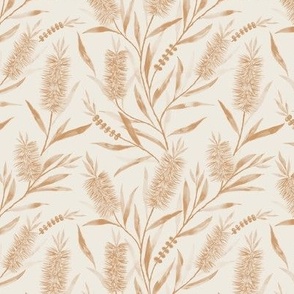 Small Monochrome Watercolor Australian  Bottle Brush Flowers in Dulux Raw Umber Brown  with Antique White USA Background