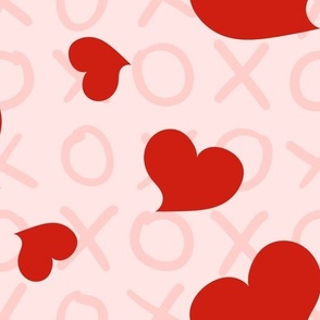 Red Valentine Hearts with Hugs and Kisses XO Pink Background