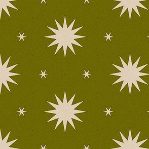 Olive Green Celestial Stars and Sunburst - Green and Natural Textured Decor Wallpaper