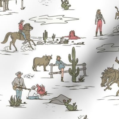 VINTAGE COWBOYS AND COWGIRLS - MUTED, LIMITED COLORS ON WHITE, SMALL SCALE