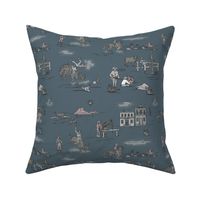 VINTAGE COWBOYS AND COWGIRLS - MUTED, LIMITED COLORS ON RETRO TEAL, SMALL SCALE