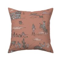 VINTAGE COWBOYS AND COWGIRLS - MUTED, LIMITED COLORS ON ORANGE-RED, LARGE SCALE