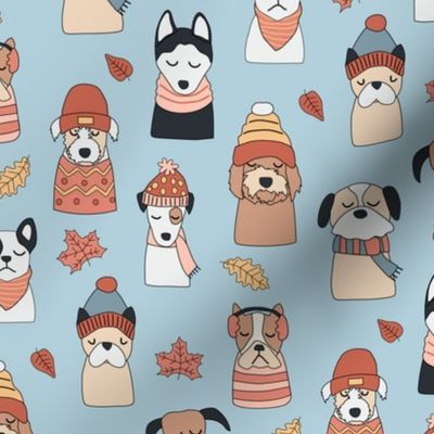 Fall Puppy Dogs in Cute Sweaters and Hats on Blue - 2 inch