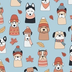 Fall Puppy Dogs in Cute Sweaters and Hats on Blue - 2 inch