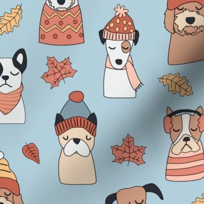 Fall Puppy Dogs in Cute Sweaters and Hats on Blue - 3 inch