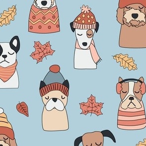 Fall Puppy Dogs in Cute Sweaters and Hats on Blue - 3 inch