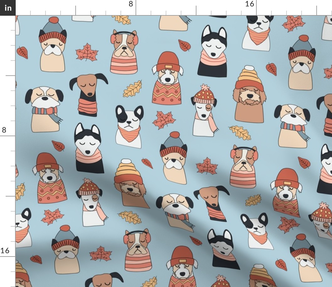 Fall Puppy Dogs in Cute Sweaters and Hats on Blue - 3 inch