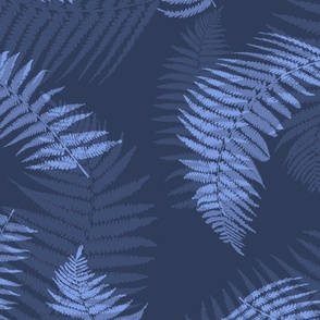 Calming fern fronds in shades of blue on a blue backdrop