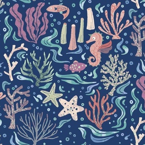 Cute Corals with Baby Sea Dragon [deep blue] medium
