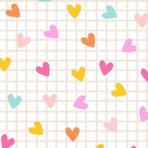 Joyful hearts beige gingham/checks | pastel and bright summer colours - hand-drawn hearts