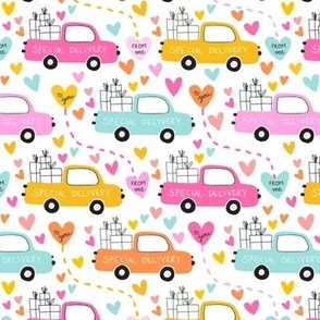 special valentines day deliver van with hearts | pastel and bright summer colours - hand-drawn hearts