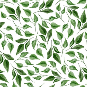 Green Lemon Leaves Foliage on White - Watercolor Hand-painted Seamless Pattern Large Scale