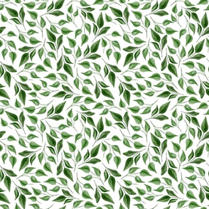 Green Lemon Leaves Foliage on White - Watercolor Hand-painted Seamless Pattern Small Scale
