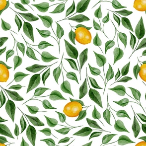 Green Leaves and Lemons on White - Watercolor Hand-painted Seamless Pattern Large Scale
