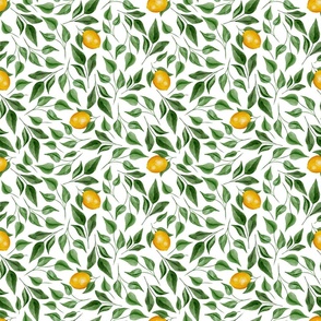 Green Leaves and Lemons on White - Watercolor Hand-painted Seamless Pattern Small Scale