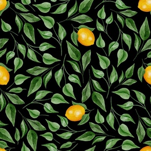 Green Leaves and Lemons on Black - Watercolor Hand-painted Seamless Pattern Large Scale