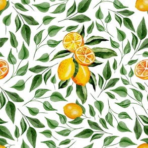 Green Leaves and Lemon Branches on White  - Watercolor Hand-painted Seamless Pattern Large Scale