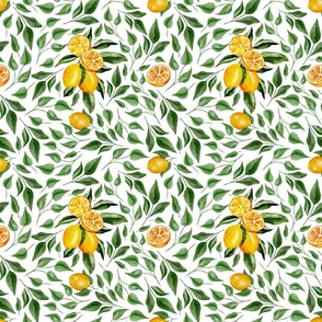 Green Leaves and Lemon Branches on White  - Watercolor Hand-painted Seamless Pattern Small Scale