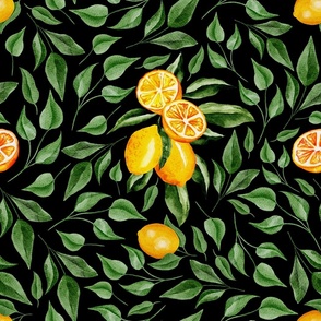 Green Leaves and Lemon Branches on Black - Watercolor Hand-painted Seamless Pattern Large Scale