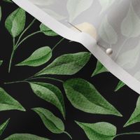 Green Leaves and Lemon Branches  on Black - Watercolor Hand-painted Seamless Pattern Small Scale