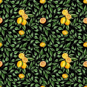 Green Leaves and Lemon Branches  on Black - Watercolor Hand-painted Seamless Pattern Small Scale