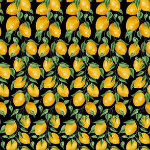 Lemons Forest on Black - Watercolor Hand-painted Seamless Pattern Large Scale