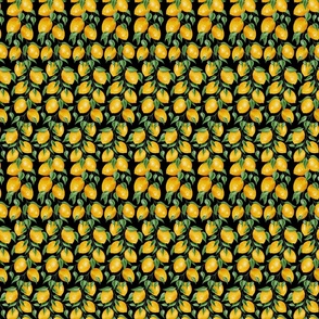 Lemons Forest on Black - Watercolor Hand-painted Seamless Pattern Small Scale