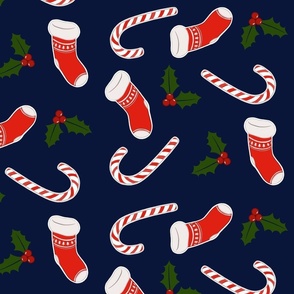 Christmas Stockings And Candy Canes Navy Medium
