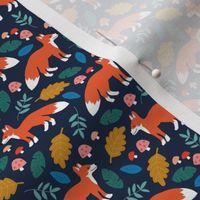 Foxes woodland friends and leaves autumn forest kids design orange blue green on navy