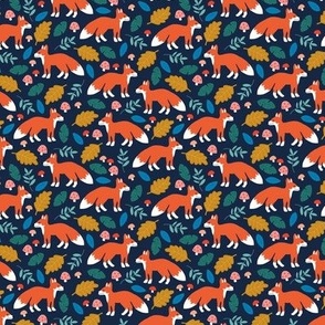 Foxes woodland friends and leaves autumn forest kids design orange blue green on navy