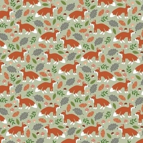 Foxes woodland friends and leaves autumn forest kids design orange green sage olive neutral earthy tones