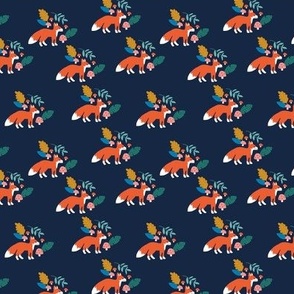 Retro woodland foxes and leaves autumn design on navy blue