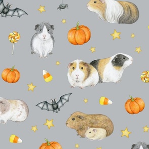 Guinea Pig Halloween with bats and pumpkins on light grey - large scale