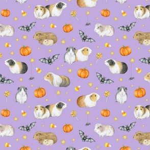 Guinea Pig Halloween with bats and pumpkins on lilac - medium scale