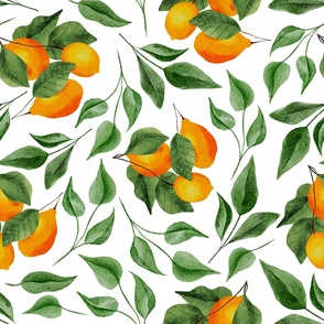 Warm Lemon Branches and Leaves on White - Watercolor Hand-painted Seamless Pattern Large Scale