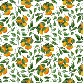 Warm Lemon Branches and Leaves on White - Watercolor Hand-painted Seamless Pattern Small Scale