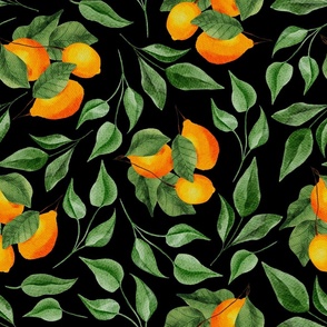 Warm Lemon Branches and Leaves on Black - Watercolor Hand-painted Seamless Pattern Large Scale