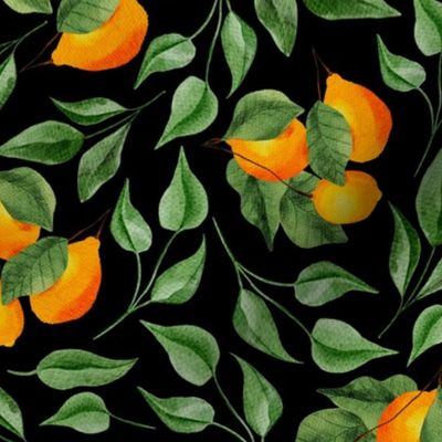 Warm Lemon Branches and Leaves on Black - Watercolor Hand-painted Seamless Pattern Small Scale