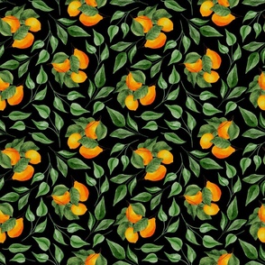 Warm Lemon Branches and Leaves on Black - Watercolor Hand-painted Seamless Pattern Small Scale