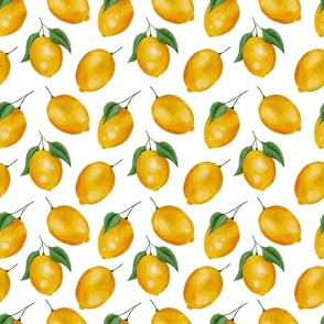 Summer Lemons on White - Watercolor Hand-painted Seamless Pattern Large Scale